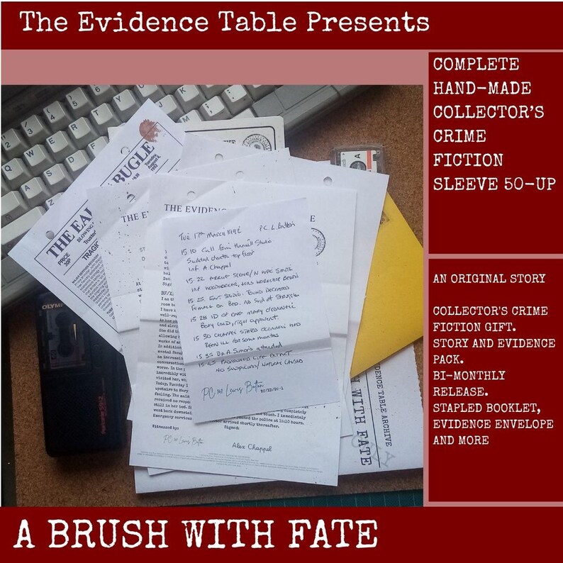 May include: A collection of crime fiction documents including a handwritten police log, a newspaper titled The Eagle Bugle, and an evidence envelope. The text includes The Evidence Table Presents, A Brush With Fate, and details about a crime story pack.