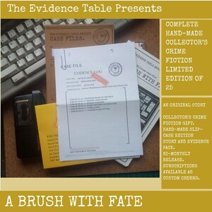 May include: A crime fiction collector's set titled A Brush With Fate, featuring a brown case file folder, a white evidence log document with a red archive stamp, a yellow envelope, and a black Olympus microcassette recorder next to a computer keyboard.