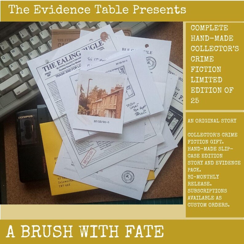 May include: A collection of printed documents and a square photograph of a brick building, featuring the text The Ealing Bugle, Tragic End For, and A Brush With Fate. The set includes a black Olympus voice recorder and various papers.