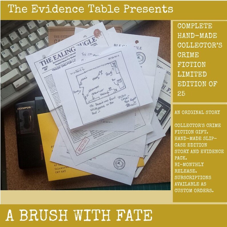 May include: A collection of white paper documents featuring printed text and a hand-drawn floor plan sketch, layered with a black Olympus microcassette recorder. The documents include headers like The Ealing Bugle and various stamps.