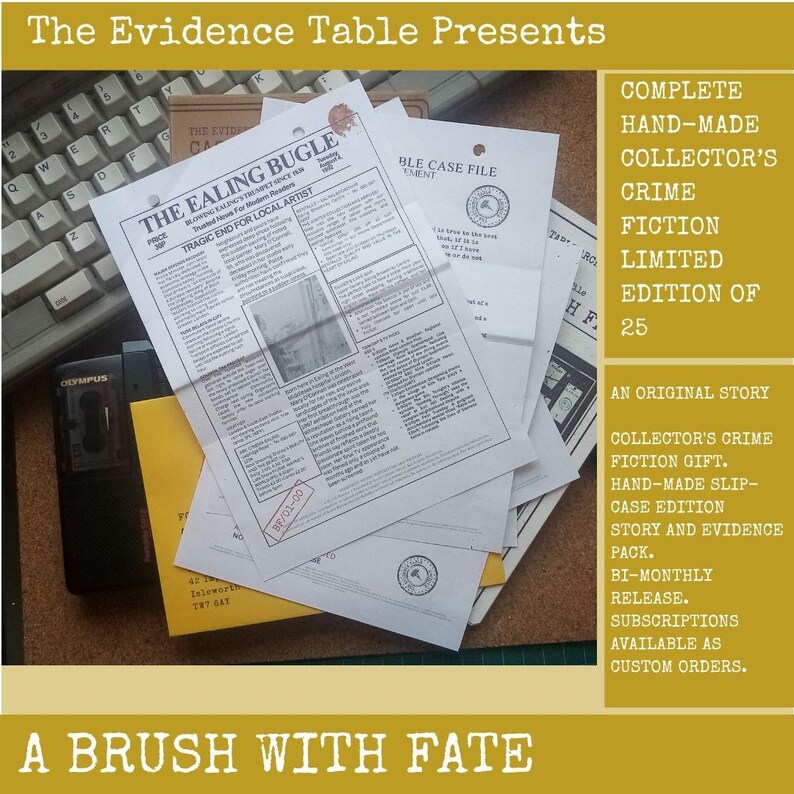 May include: A crime fiction collector's set featuring a stack of printed documents, including a newspaper titled The Ealing Bugle, alongside a black Olympus microcassette recorder and a computer keyboard, all presented in a limited edition of 25.