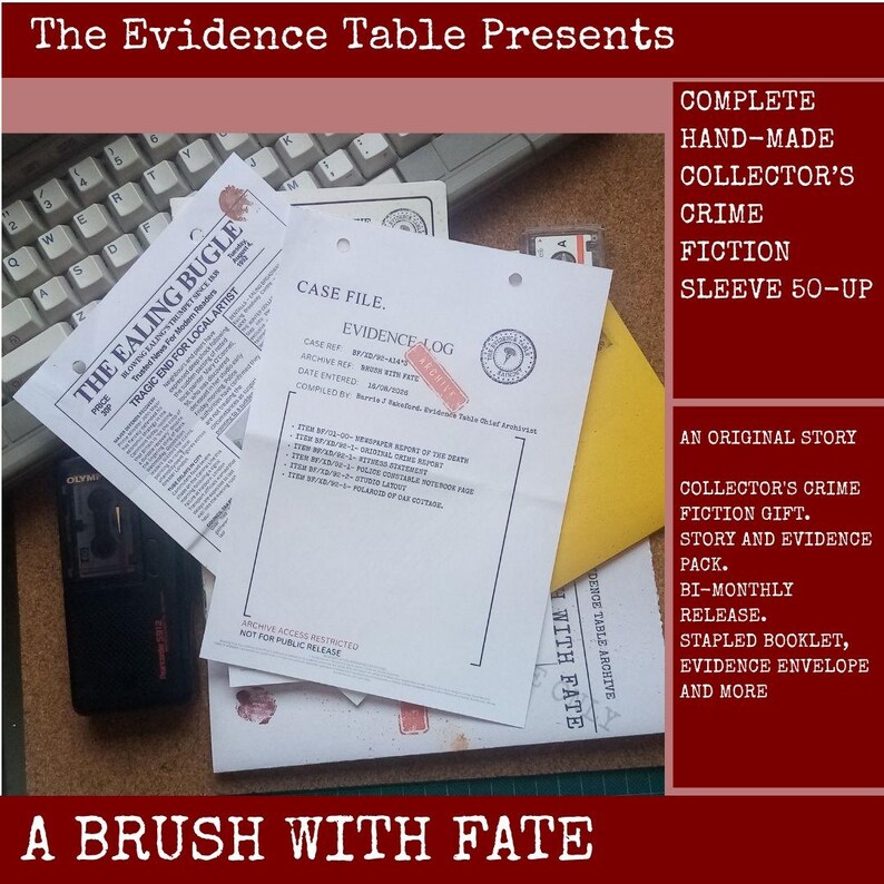 May include: A crime fiction evidence pack titled A Brush With Fate, featuring a Case File evidence log, a newspaper clipping from The Ealing Bugle, and various documents. The set includes a stapled booklet and an evidence envelope for collectors.