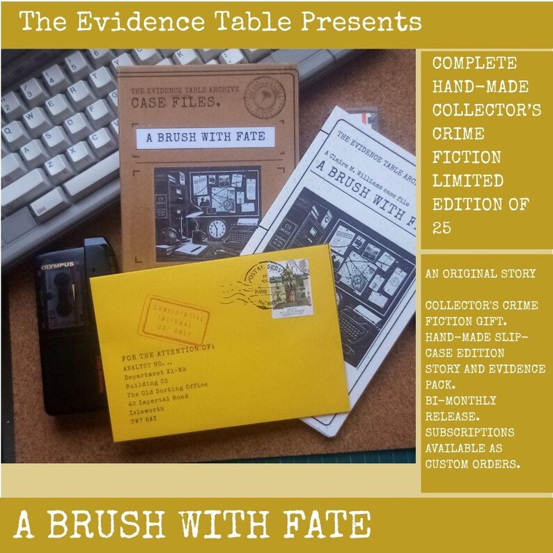 May include: A crime fiction collector's set titled A Brush With Fate, featuring a brown case file folder, a white document, and a yellow envelope with address text, alongside a black Olympus voice recorder and a computer keyboard.
