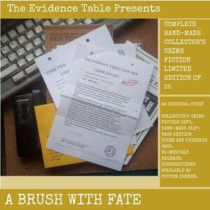 May include: A crime fiction collector's set featuring a stack of printed case files, a crime report document with a restricted stamp, a yellow envelope, and a black Olympus microcassette recorder, all arranged near a computer keyboard.