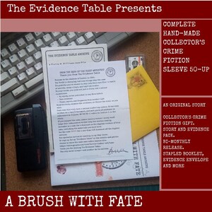 May include: A crime fiction story kit titled A Brush With Fate, featuring a printed letter from The Evidence Table Archive, a yellow envelope, a black Olympus microcassette recorder, and a computer keyboard, all presented as a collector's set.