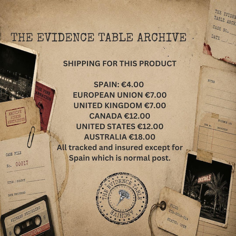 May include: A beige document titled THE EVIDENCE TABLE ARCHIVE featuring various paper scraps, a black and white photograph of a building, a witness recording cassette tape, and a circular stamp with a flower illustration and text.