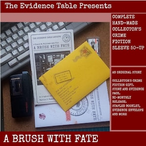 May include: A crime fiction story pack titled A Brush With Fate, featuring a stapled booklet, a yellow envelope with confidential text, a black Olympus microcassette recorder, and a small cassette tape, all arranged on a desk surface.