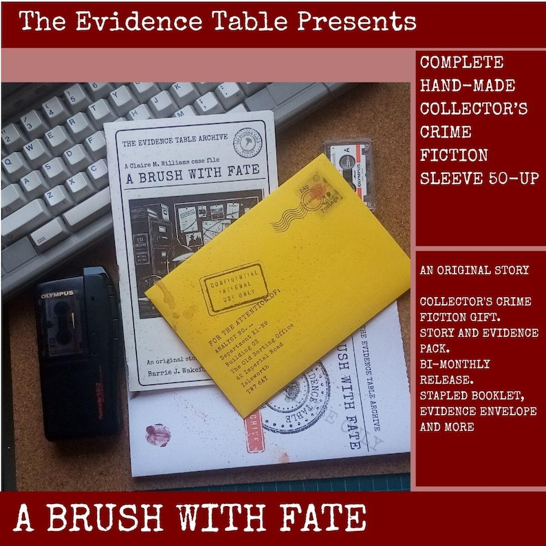May include: A crime fiction story pack titled A Brush With Fate, featuring a stapled booklet, a yellow envelope with confidential text, a black Olympus microcassette recorder, and a small cassette tape, all arranged on a desk surface.
