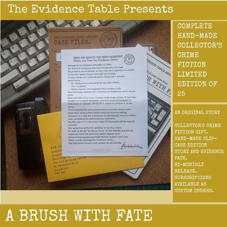 May include: A crime fiction collector's set featuring a brown case file folder, a white letter from the chief archivist, a yellow envelope, and a black Olympus voice recorder. The set includes a keyboard and text overlays describing a limited edition.