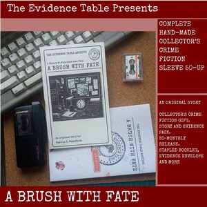 May include: A crime fiction story pack titled A Brush With Fate, featuring a stapled booklet, a small cassette tape, a black Olympus voice recorder, and an evidence envelope. The items are arranged alongside a computer keyboard on a cork surface.