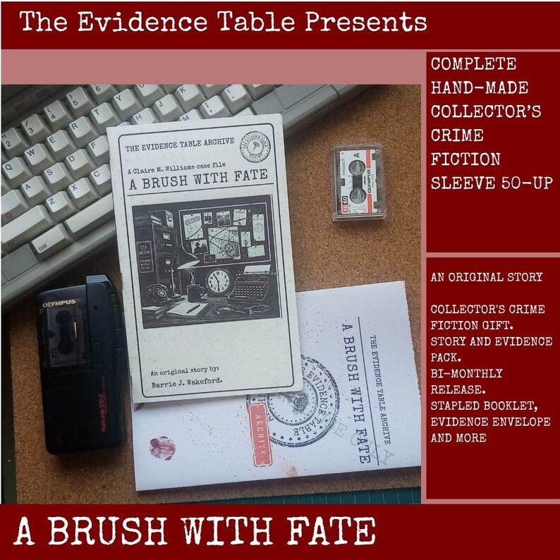 May include: A crime fiction story pack titled A Brush With Fate, featuring a stapled booklet, a small cassette tape, a black Olympus voice recorder, and an evidence envelope. The items are arranged alongside a computer keyboard on a cork surface.