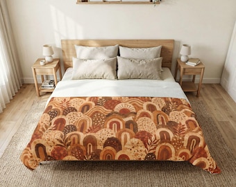 Boho Rainbow Comforter, Earth Tone Abstract Arches Bedding, Cozy Neutral Decor