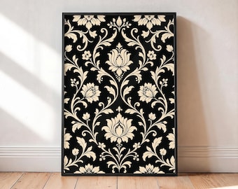 Lámina artística de damasco floral color crema, póster botánico vintage negro, decoración sobre lienzo enmarcado