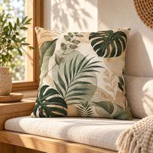 May include: A square throw pillow featuring a botanical print with dark green monstera leaves, slender palm fronds, and delicate gold-outlined foliage against a background of soft beige and muted sage green circular shapes.
