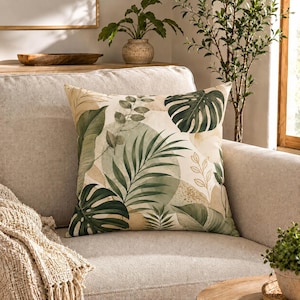 Op de afbeelding: Een vierkant sierkussen met een botanische print van diverse groene palm- en monsterabladeren, gelaagd over abstracte beige en crèmekleurige cirkelvormen. Het ontwerp bevat fijne goudkleurige lijntekeningen van delicate takjes.