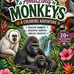 Könnte beinhalten: Das Cover eines Malbuchs mit dem Titel "Amazing Monkeys" zeigt Illustrationen verschiedener Affen und Gorillas in einer Dschungelkulisse. Der Text enthält "A Coloring Adventure", "Realistic Monkeys" und "20+ Fun & Detailed Designs".