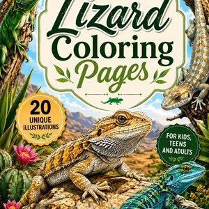 Może przedstawiać: Okładka książki do kolorowania zatytułowana "Lizard Coloring Pages" z ilustracjami jaszczurek. Okładka zawiera tekst "Realistic, Fun, Relaxing", "20 Unique Illustrations" i "For Kids, Teens, and Adults". Książka ma wymiary 21,6 x 27,9 cm.