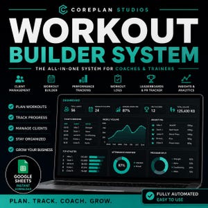 May include: A digital graphic promoting a workout builder system for coaches and trainers. The image features a laptop displaying a dashboard with workout data, graphs, and athlete statistics. Text includes "Workout Builder System" and "Plan. Track. Coach. Grow."