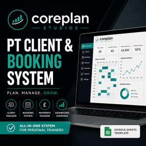 以下が含まれることがあります： ラップトップは、「coreplan studios」のインターフェースを表示し、「PT Client & Booking System」を宣伝しています。画面には、データ視覚化、グラフ、および「Plan. Manage. Grow.」と「All-in-one system for personal trainers」というテキストが表示されています。