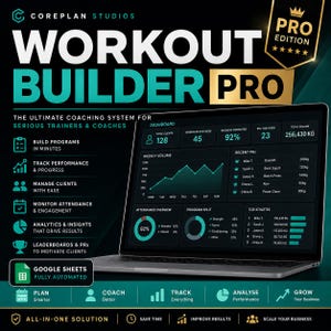 May include: A laptop screen displays the "Workout Builder Pro" interface, a coaching system for trainers. The dashboard shows client numbers, workout stats, and performance metrics. The design is dark with teal accents.