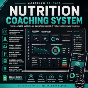 Könnte beinhalten: Digitales Interface für ein Ernährungs-Coaching-System mit Dashboard, Kundendaten, Fortschrittsverfolgung und Makroaufschlüsselungen. Enthält einen Makro-Rechner und Tools zur Essensplanung. Konzipiert für Personal Trainer.