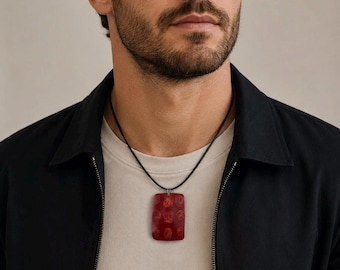 Collar con colgante rectangular rojo vintage, cordón de cuero negro, joyería llamativa, regalo retro bohemio
