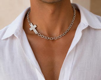 Collar de hombre con cadena y cruz chapada en plata, colgante de cruz gruesa, joyería religiosa para hombre.