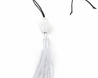 Collar con borla blanca, colgante de concha blanca, cordón largo negro, joyería unisex minimalista estilo boho.