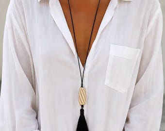 Collar bohemio con borla y cordón, colgante unisex con cuentas de hueso, joyería minimalista tribal unisex.