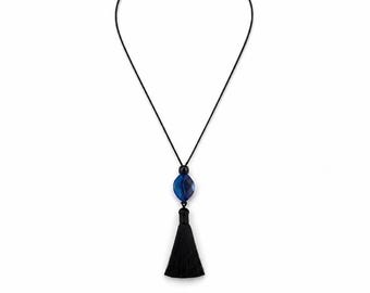 Collar largo con borla de cordón negro y cuenta ovalada de ágata azul, joyería unisex minimalista bohemia