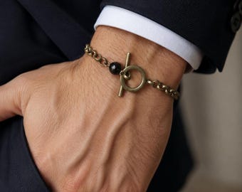 Pulsera con cierre de palanca de estilo espiritual, pulsera de cadena de ónix negro, joyería unisex de moda.