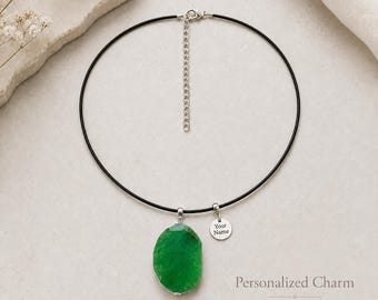 Collar unisex de cordón de cuero con ágata verde, colgante de cordón negro de 50 cm, dije de plata, joyería bohemia con piedra.