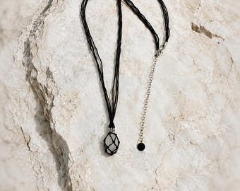 Long Black Corded Necklace With Quartz Stone Pendant, Boho Minimalist Unisex Statement Jewelry