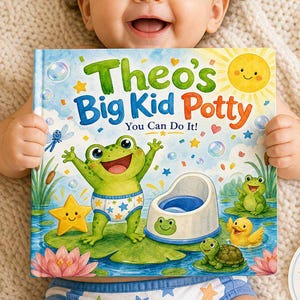 May include: A children's book titled Theo's Big Kid Potty You Can Do It! featuring a green frog in a diaper next to a potty. The cover includes a yellow sun, stars, bubbles, a turtle, and a duck. Text badges indicate Girl & Boy Version, 30 Pages, and I did it!