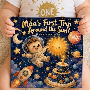 May include: A baby wearing a white onesie with the text Mila's First Trip Around the Sun and a tan bow headband holds a book titled Mila's First Trip Around the Sun featuring a hedgehog astronaut, a sun, a rocket, and a cake in space.