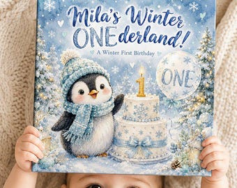Winter Onederland Eerste Verjaardagsboek Gepersonaliseerd, Naam op maat Sneeuwvlok 1e Verjaardagscadeau, Baby Herinneringsboek Pinguïn Thema