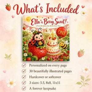 Libro de primer cumpleaños "Dulce y Dulce Frutos Rojos" personalizado, regalo de primer cumpleaños con nombre personalizado y diseño de fresa, libro de recuerdos para niña con temática de frutos rojos. imagen 5
