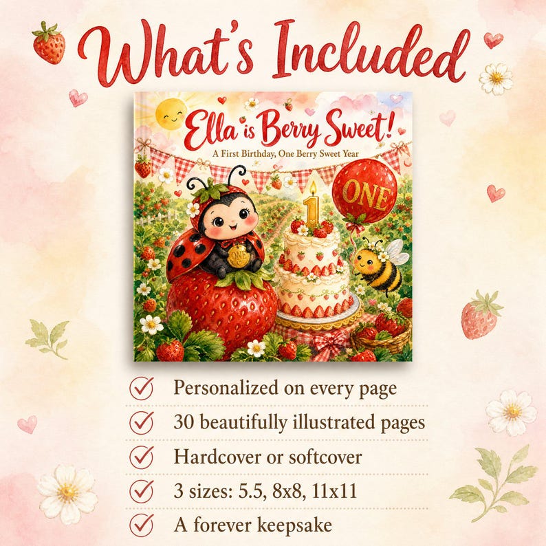 Libro de primer cumpleaños "Dulce y Dulce Frutos Rojos" personalizado, regalo de primer cumpleaños con nombre personalizado y diseño de fresa, libro de recuerdos para niña con temática de frutos rojos. imagen 5
