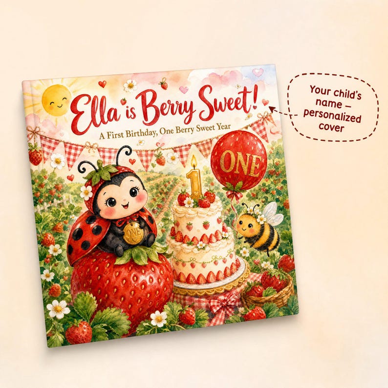 Libro de primer cumpleaños "Dulce y Dulce Frutos Rojos" personalizado, regalo de primer cumpleaños con nombre personalizado y diseño de fresa, libro de recuerdos para niña con temática de frutos rojos. imagen 2