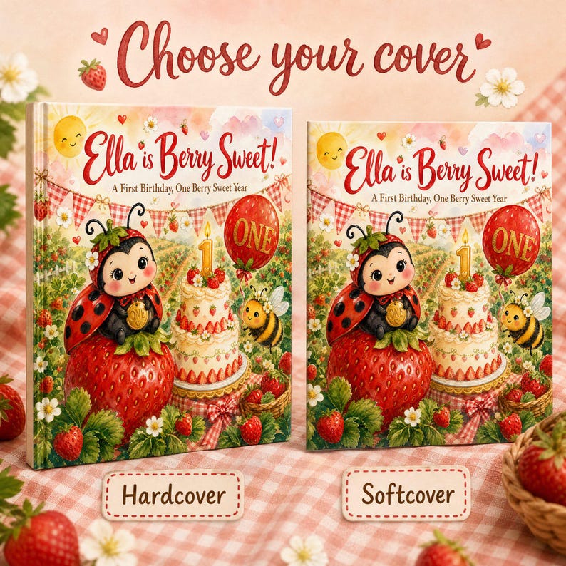 Libro de primer cumpleaños "Dulce y Dulce Frutos Rojos" personalizado, regalo de primer cumpleaños con nombre personalizado y diseño de fresa, libro de recuerdos para niña con temática de frutos rojos. imagen 9