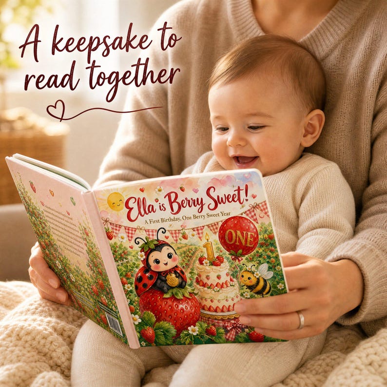 Libro de primer cumpleaños "Dulce y Dulce Frutos Rojos" personalizado, regalo de primer cumpleaños con nombre personalizado y diseño de fresa, libro de recuerdos para niña con temática de frutos rojos. imagen 8
