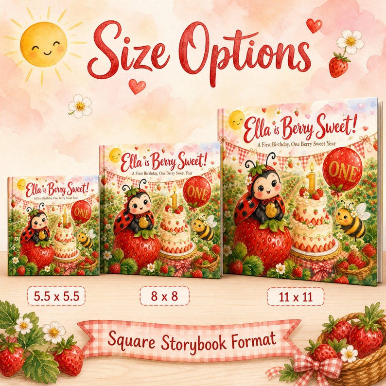 Libro de primer cumpleaños "Dulce y Dulce Frutos Rojos" personalizado, regalo de primer cumpleaños con nombre personalizado y diseño de fresa, libro de recuerdos para niña con temática de frutos rojos. imagen 10