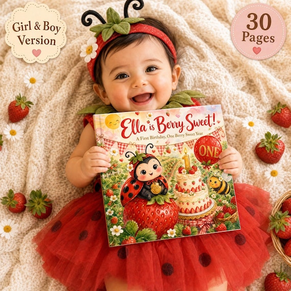 Berry Sweet One First Birthday Book Personalized, Custom Name Strawberry 1st Birthday Gift, Baby Girl Keepsake Book Berry Theme