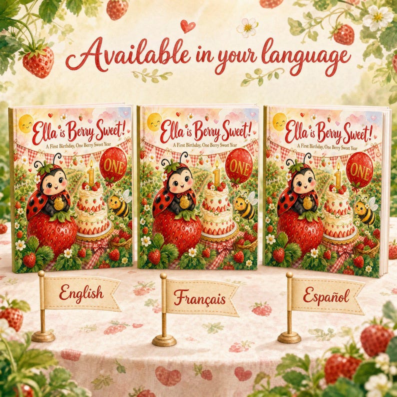 Libro de primer cumpleaños "Dulce y Dulce Frutos Rojos" personalizado, regalo de primer cumpleaños con nombre personalizado y diseño de fresa, libro de recuerdos para niña con temática de frutos rojos. imagen 12