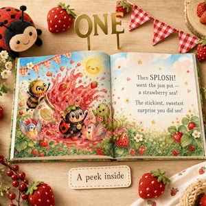 Libro de primer cumpleaños "Dulce y Dulce Frutos Rojos" personalizado, regalo de primer cumpleaños con nombre personalizado y diseño de fresa, libro de recuerdos para niña con temática de frutos rojos. imagen 3