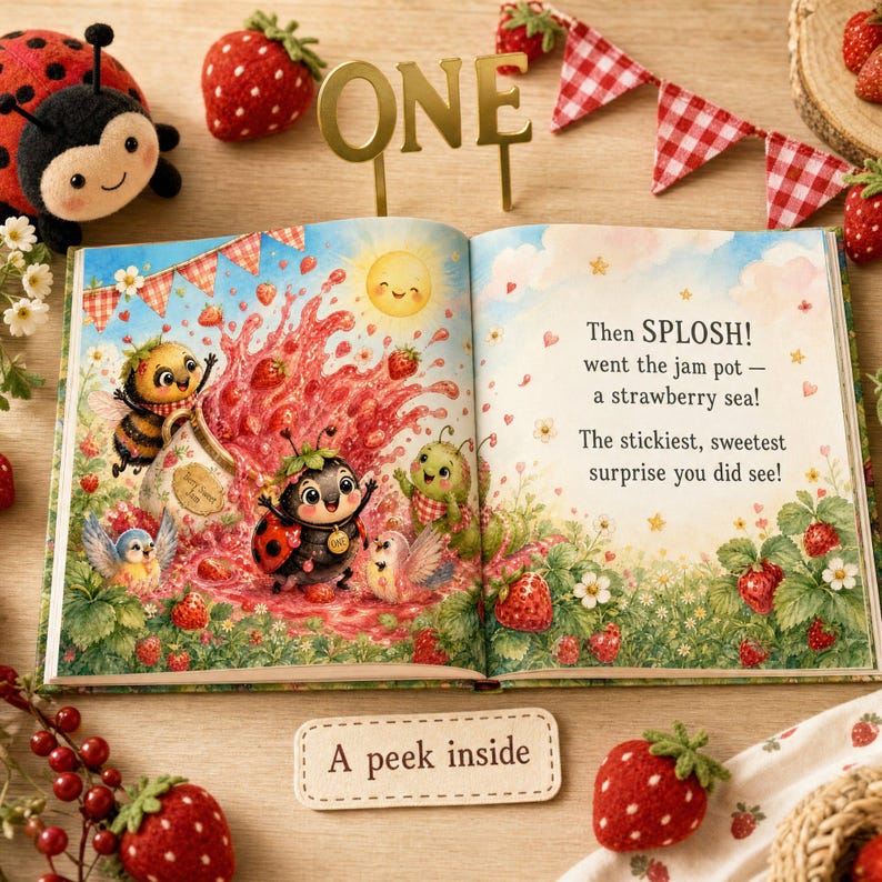 Libro de primer cumpleaños "Dulce y Dulce Frutos Rojos" personalizado, regalo de primer cumpleaños con nombre personalizado y diseño de fresa, libro de recuerdos para niña con temática de frutos rojos. imagen 3