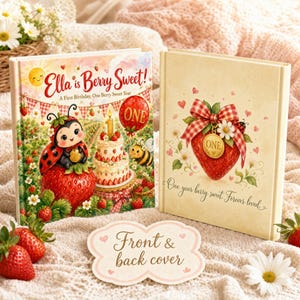 Libro de primer cumpleaños "Dulce y Dulce Frutos Rojos" personalizado, regalo de primer cumpleaños con nombre personalizado y diseño de fresa, libro de recuerdos para niña con temática de frutos rojos. imagen 7