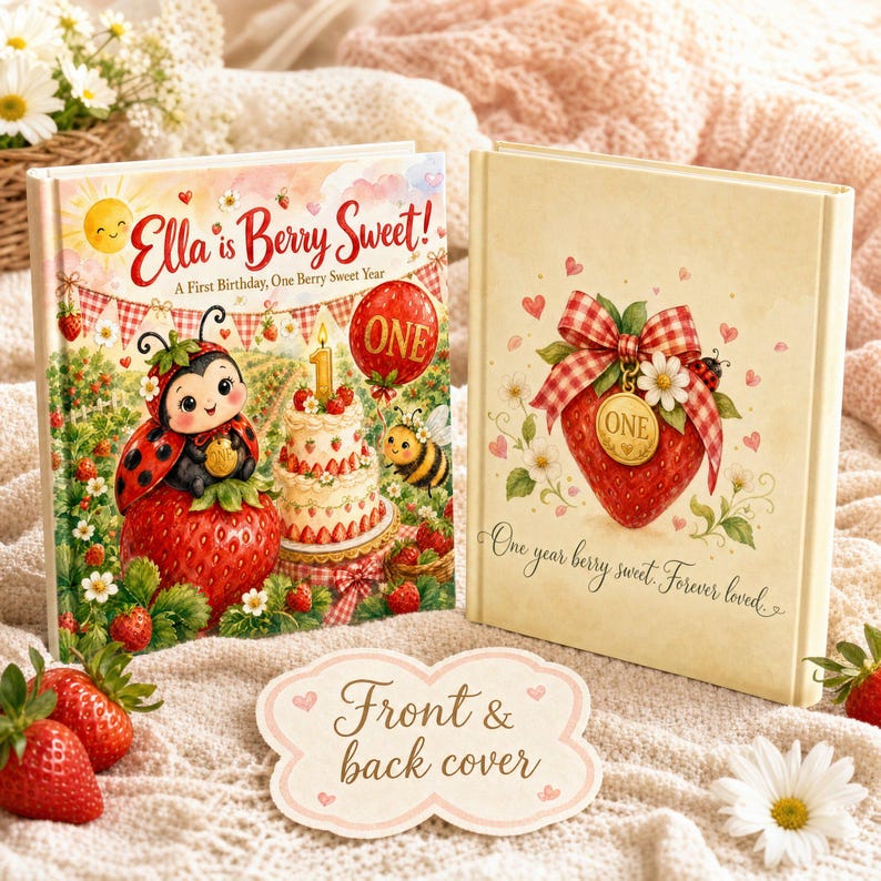 Libro de primer cumpleaños "Dulce y Dulce Frutos Rojos" personalizado, regalo de primer cumpleaños con nombre personalizado y diseño de fresa, libro de recuerdos para niña con temática de frutos rojos. imagen 7