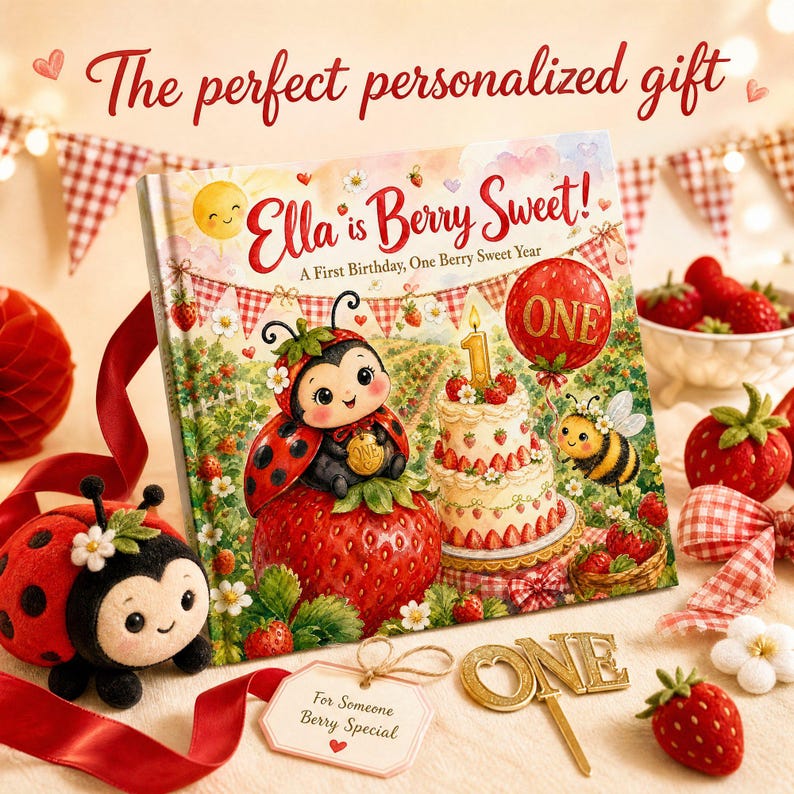 Libro de primer cumpleaños "Dulce y Dulce Frutos Rojos" personalizado, regalo de primer cumpleaños con nombre personalizado y diseño de fresa, libro de recuerdos para niña con temática de frutos rojos. imagen 6