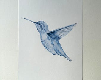 Blue Hummingbird | Watercolor Bird Poster | Fine Art Reproduction